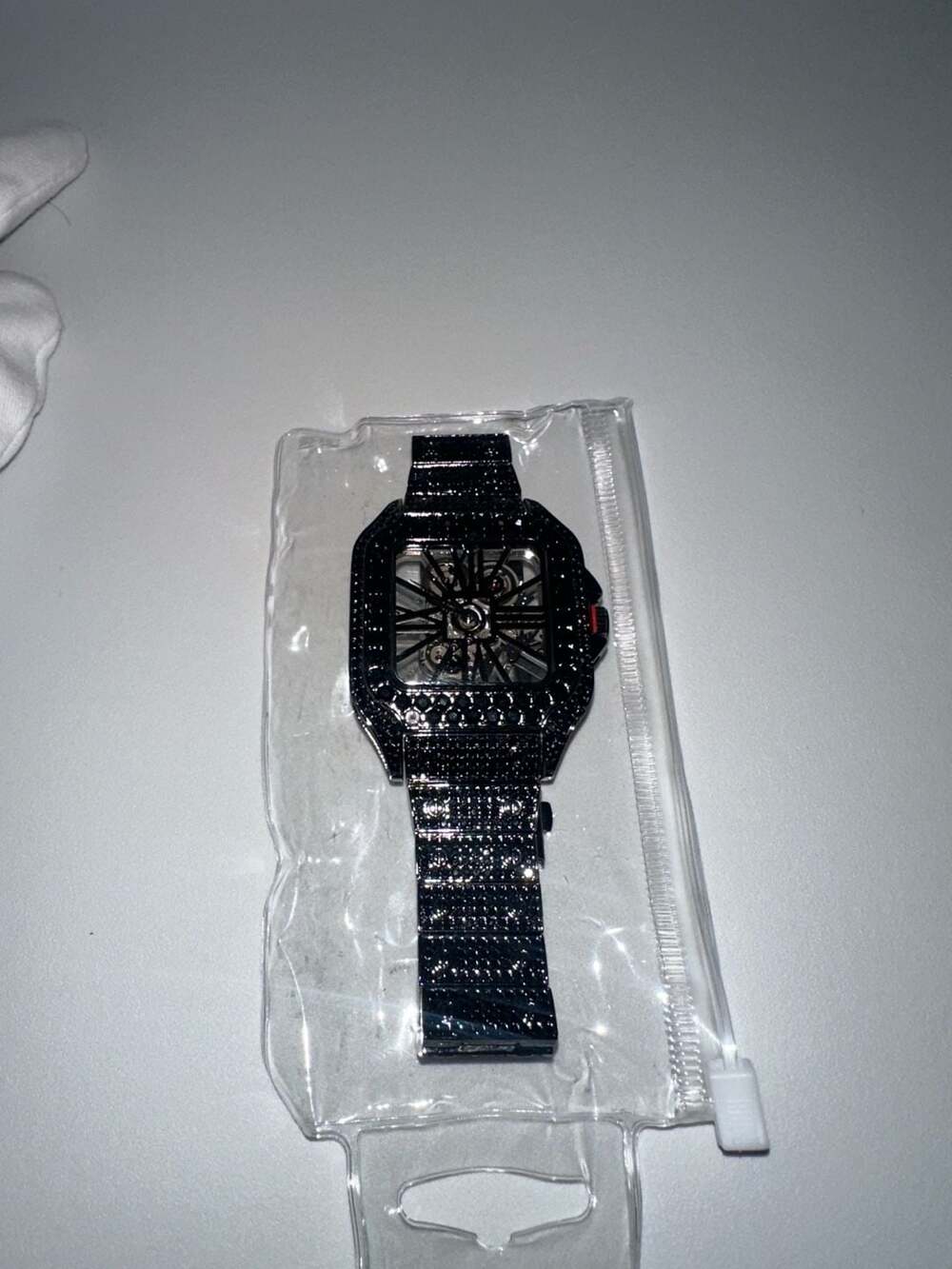 Techno Pave Men's Fully Iced Out Square Skeleton Watch Gun Black